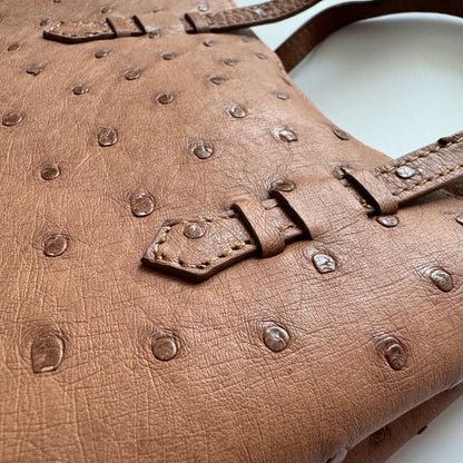 VEDA Cognac Brown Ostrich Leather Tote Crossbody Bag