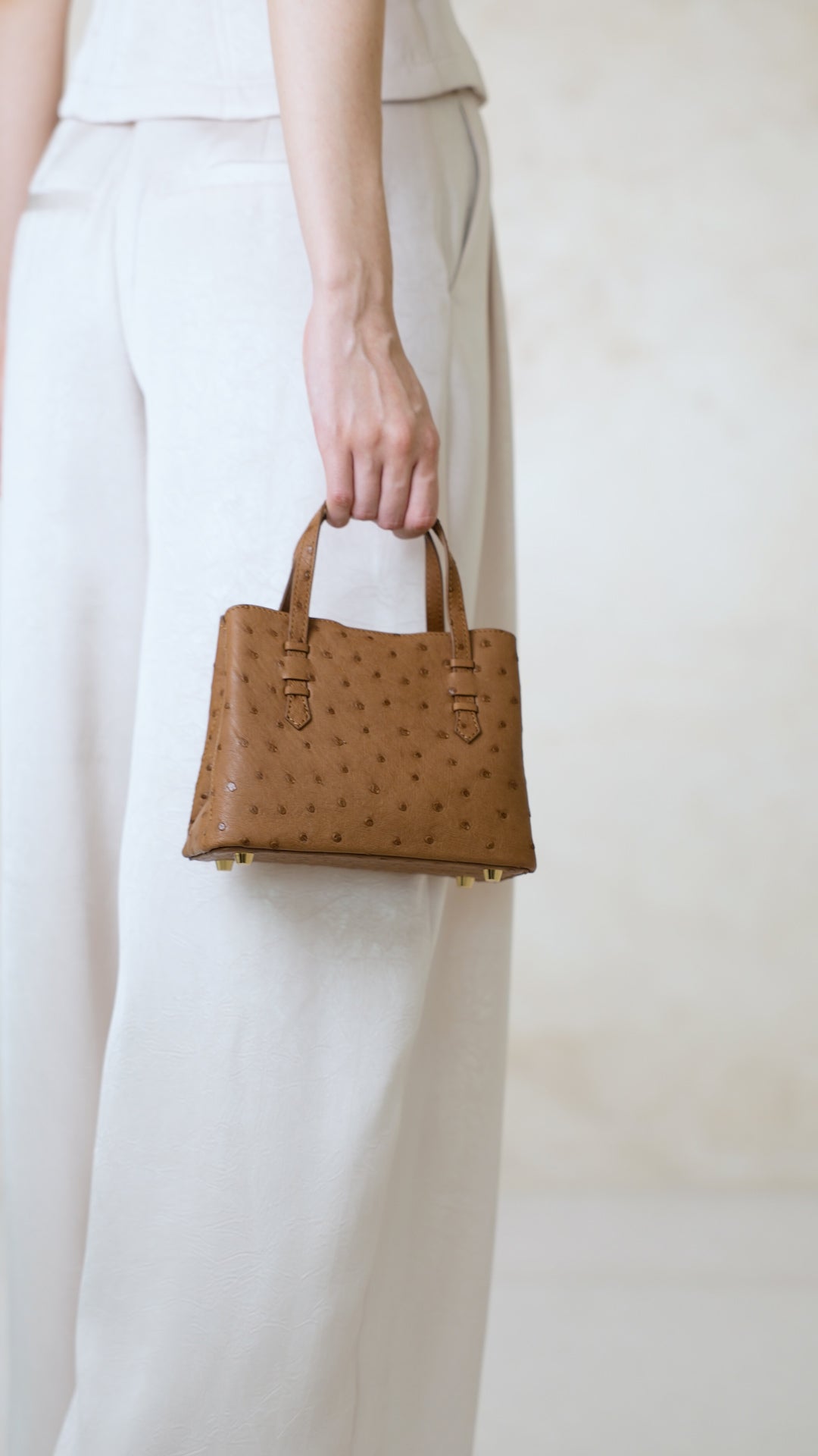 VEDA Cognac Brown Ostrich Leather Tote Crossbody Bag