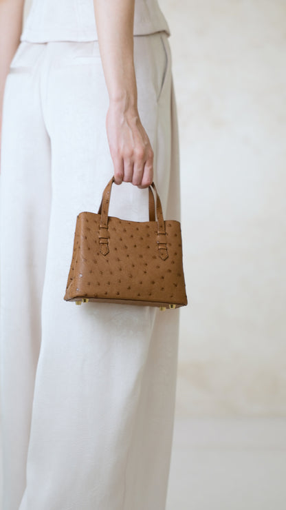 VEDA Cognac Brown Ostrich Leather Tote Crossbody Bag