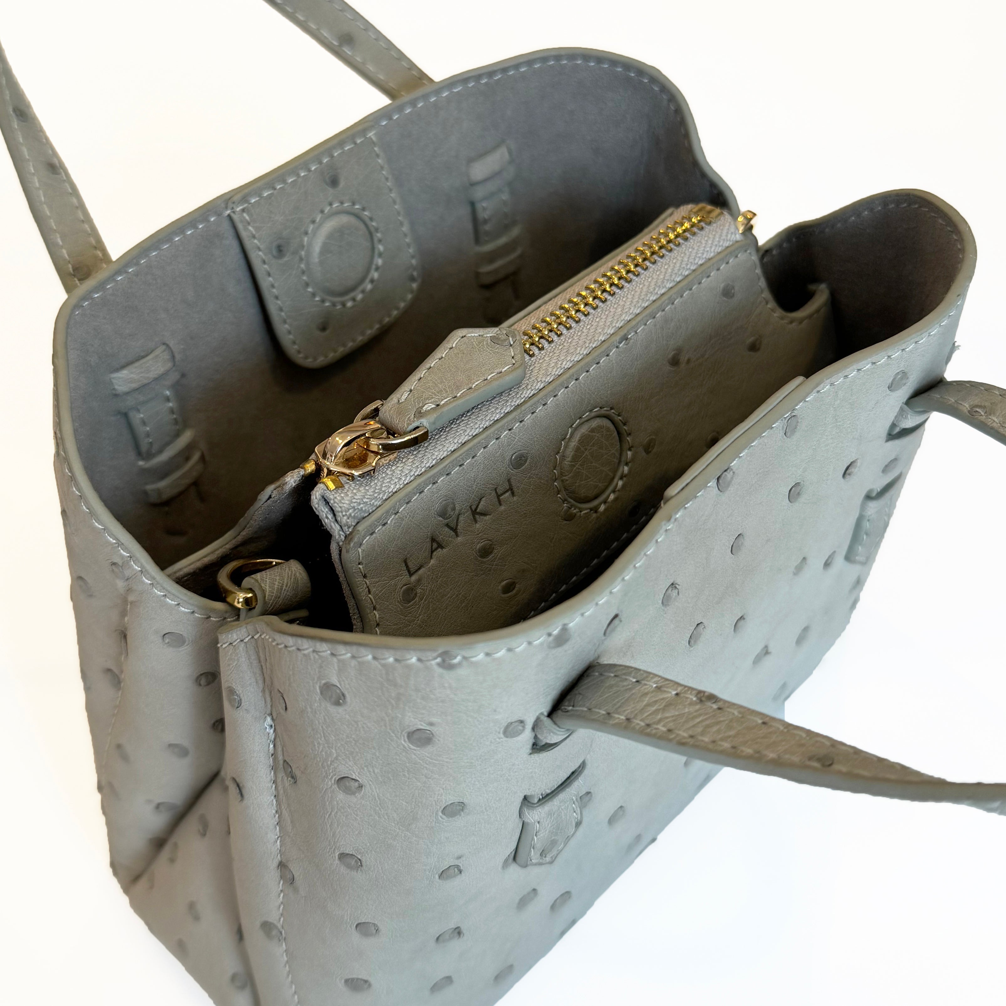 VEDA Grey Ostrich Leather Tote Crossbody Bag