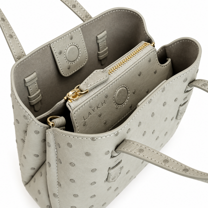 VEDA Grey Gris Perle Ostrich Leather Tote Crossbody Bag